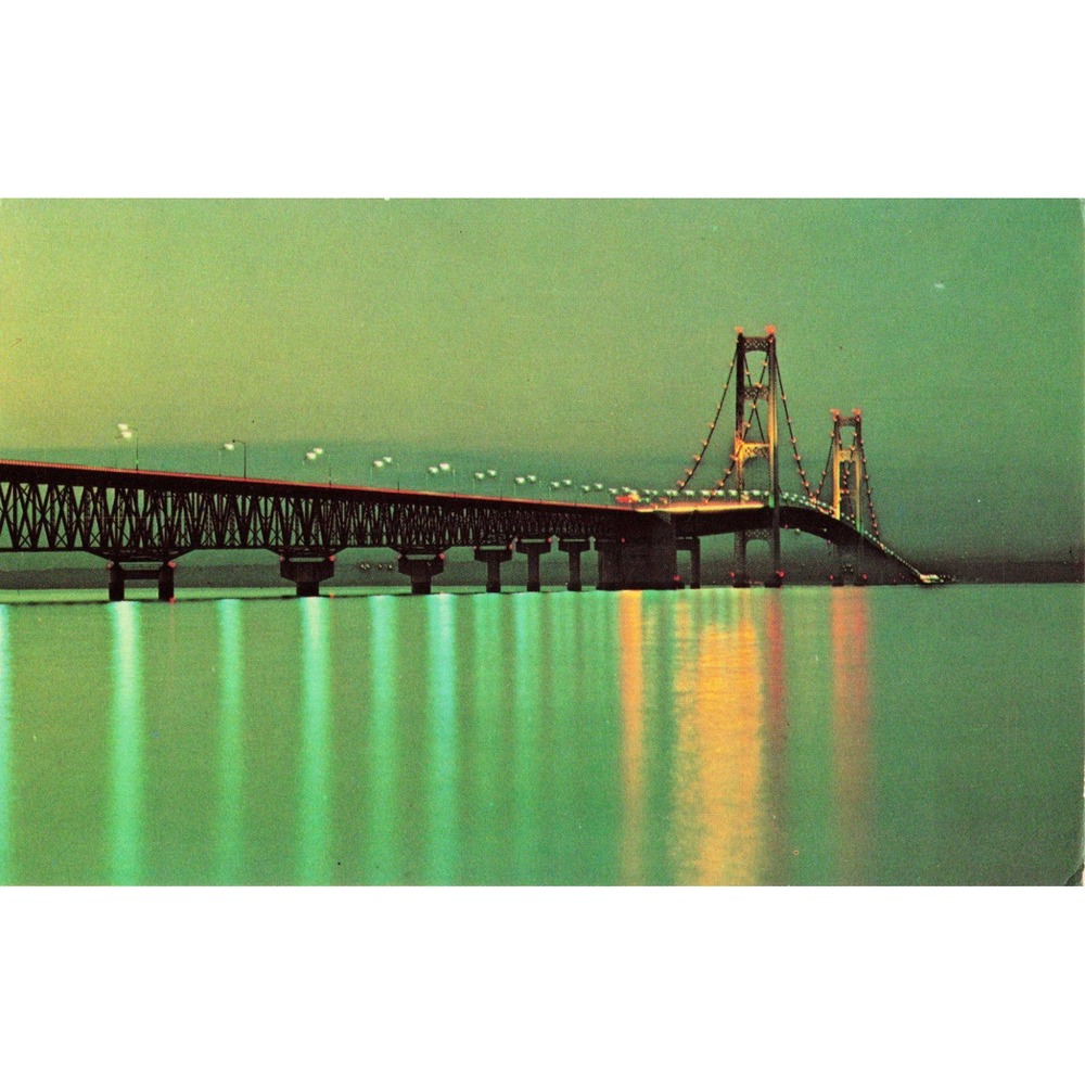 Vintage Mackinac Bridge Michigan Night View Plastichrome Postcard P71597